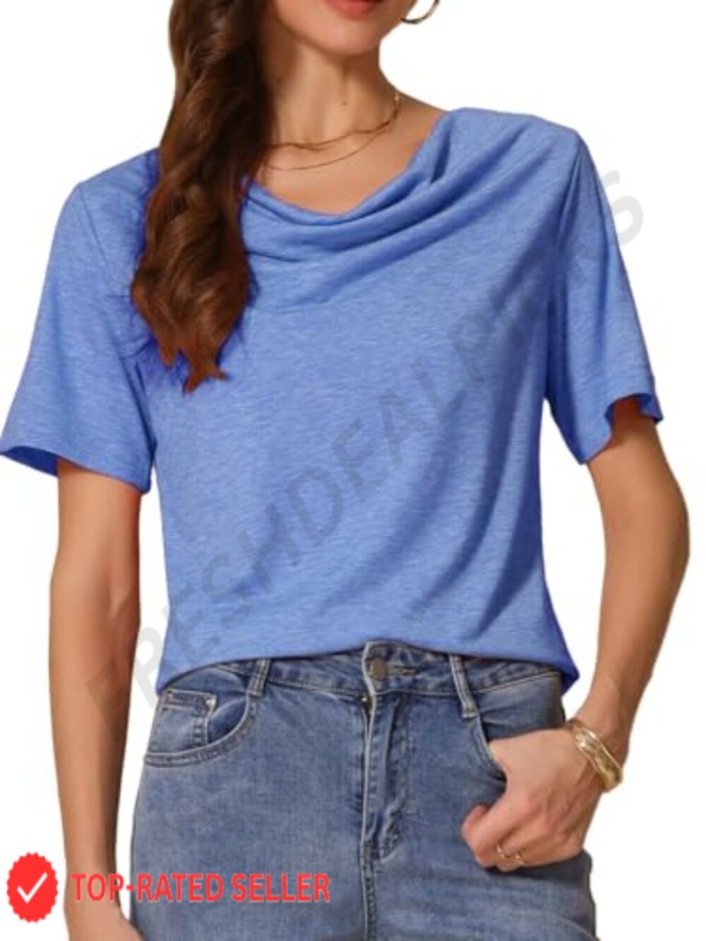 Women Cowl Neck Ruched Stretch Short Sleeve Office Blouse